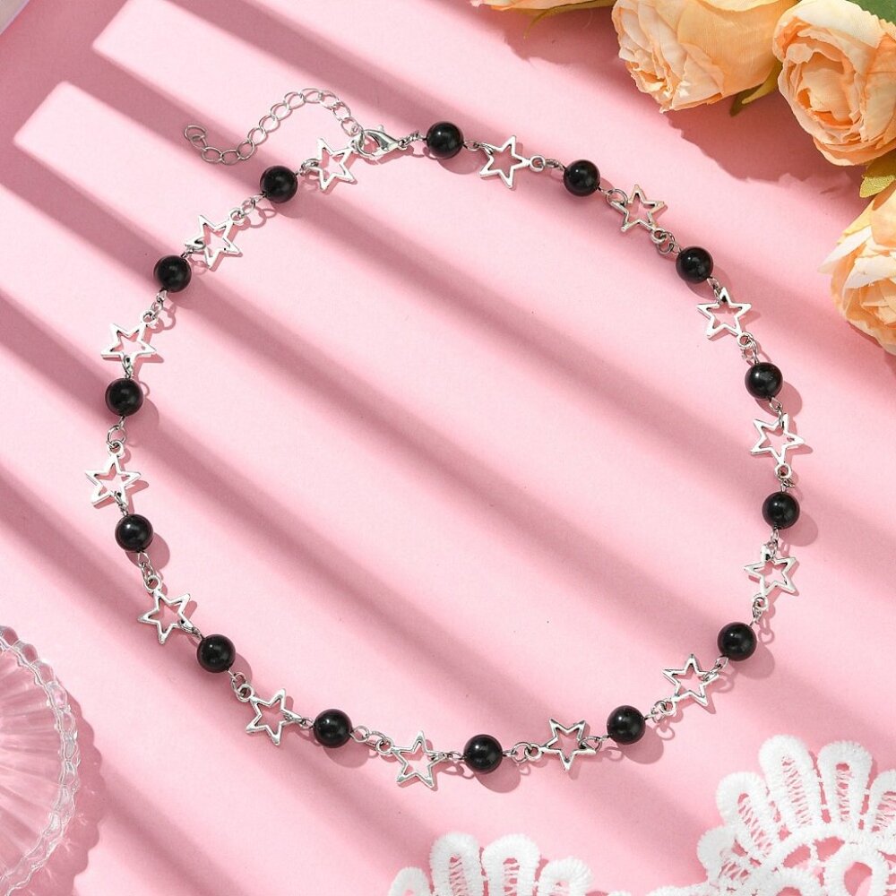 Handmade Stars with Black Obsidian Gemstones necklace
